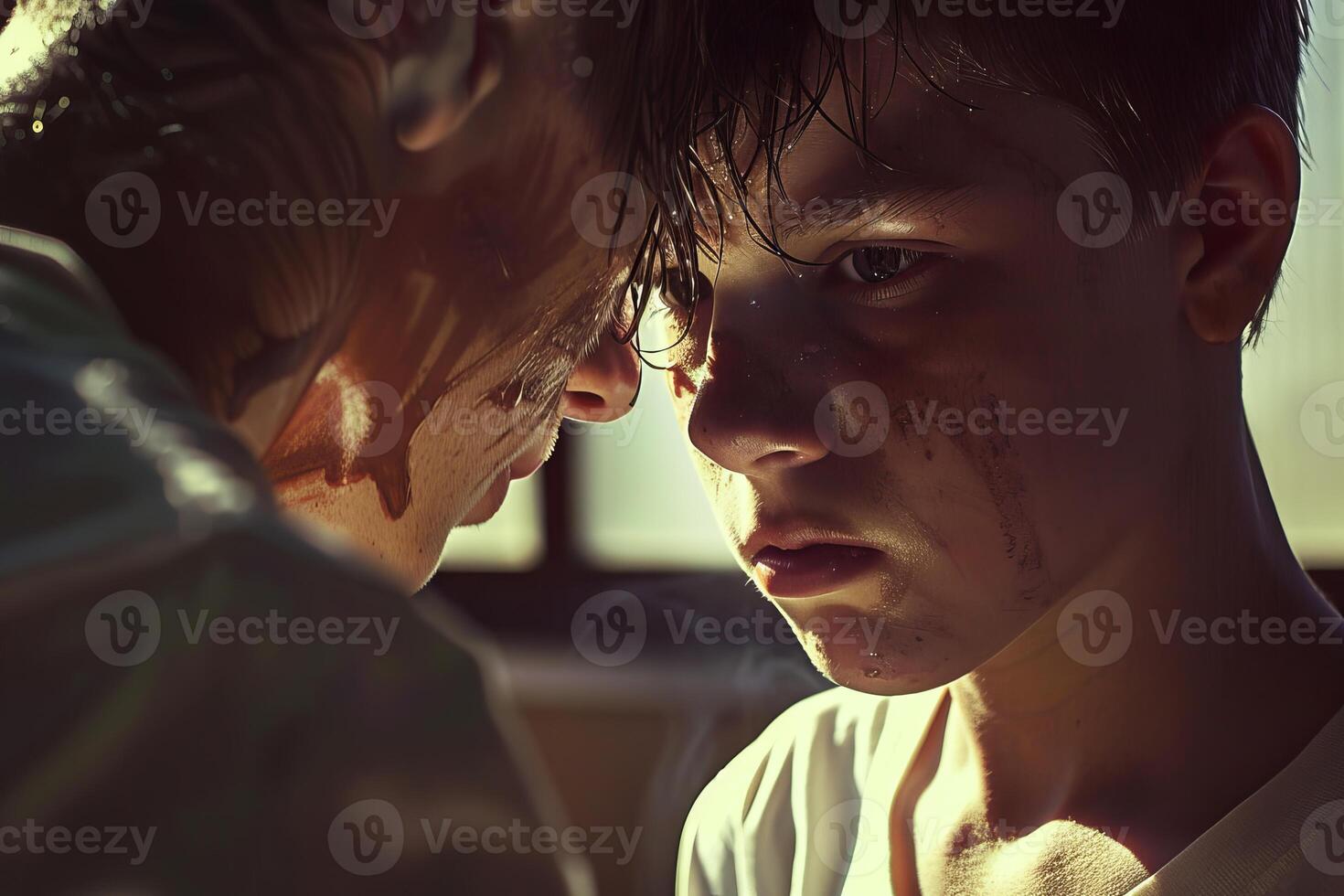 Two boys covered in mud having a tense conversation photo