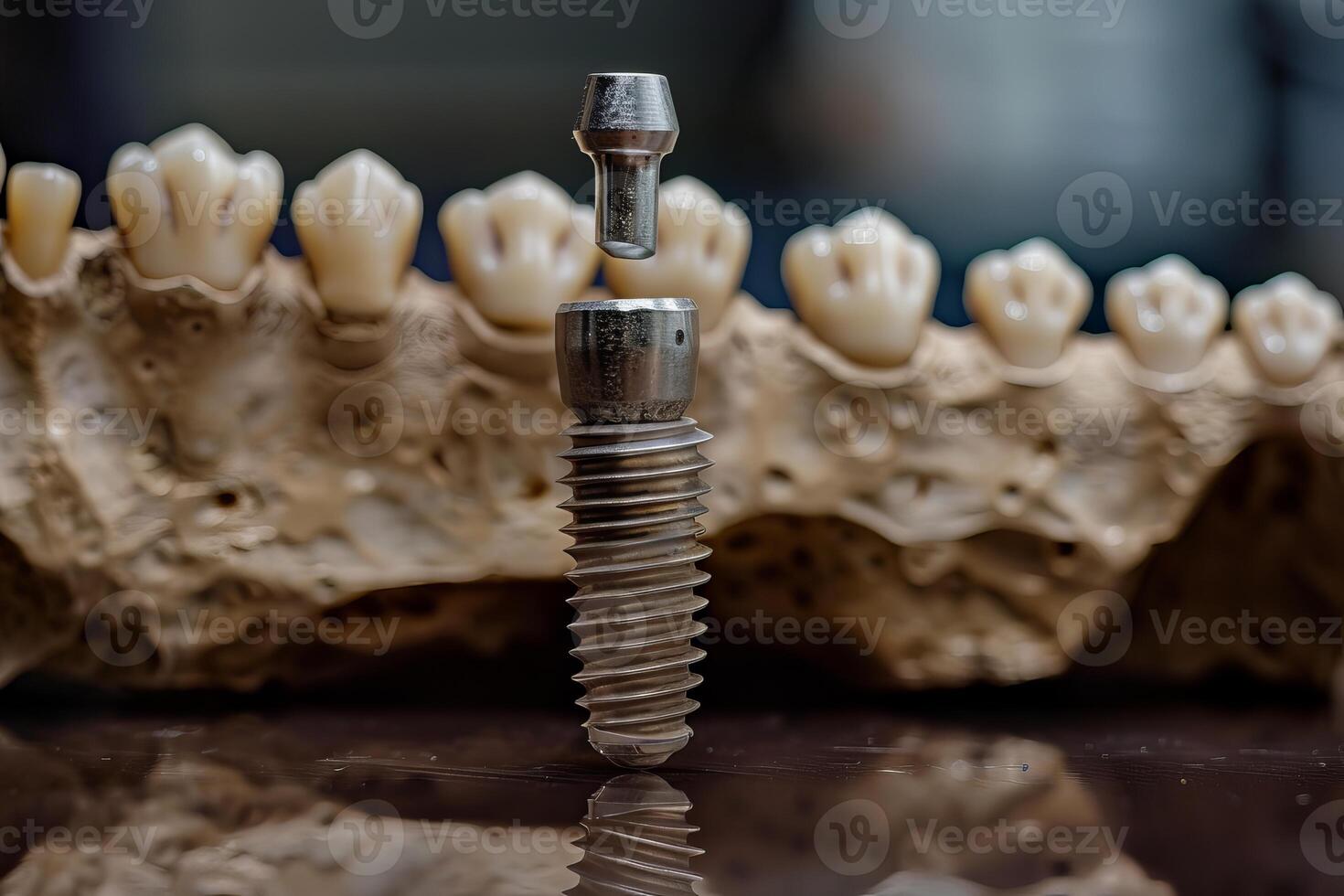 Dental implant abutment is being placed on model of human jaw, showing process of installing teeth photo