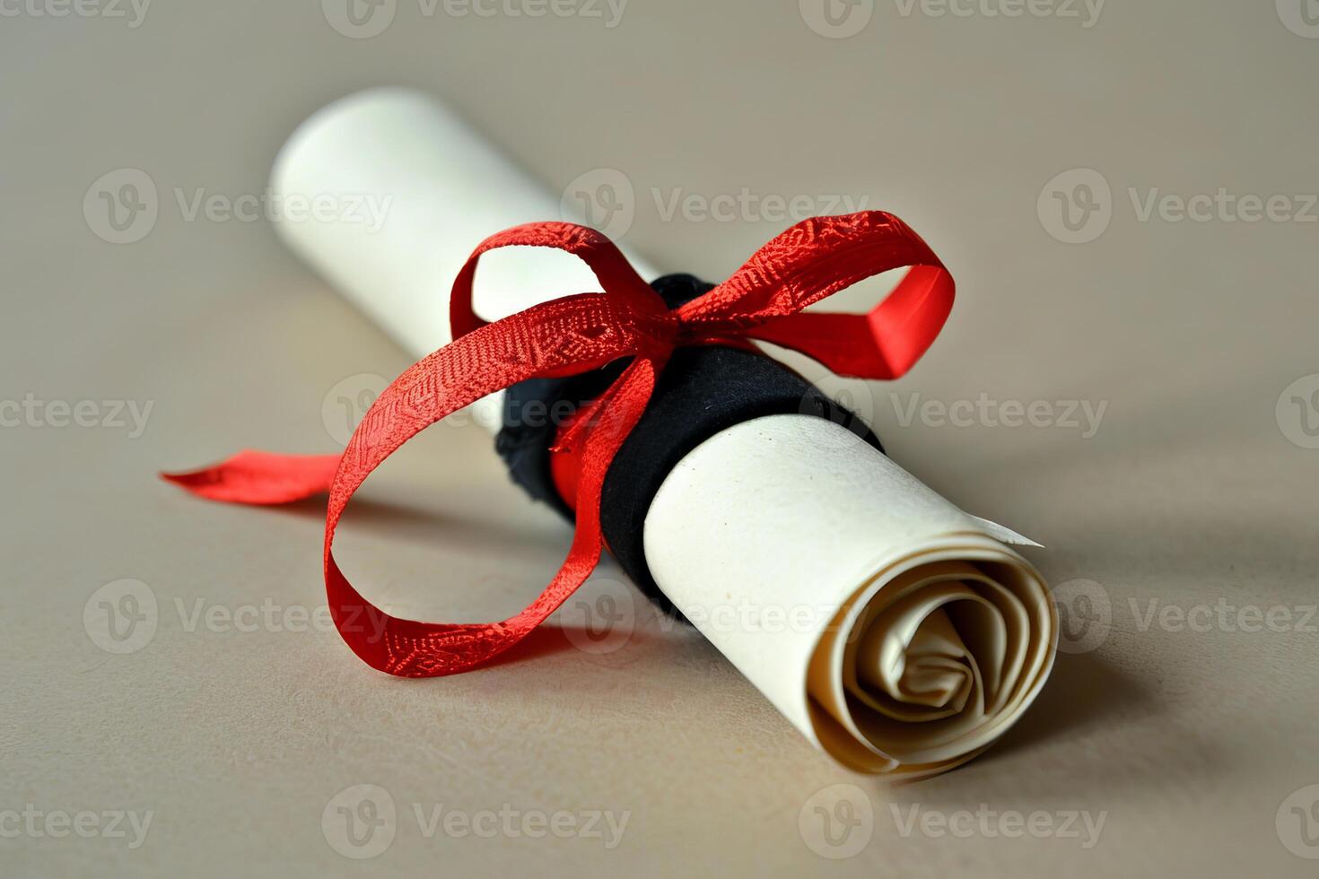 Diploma tied with a red ribbon lying on a wooden table photo