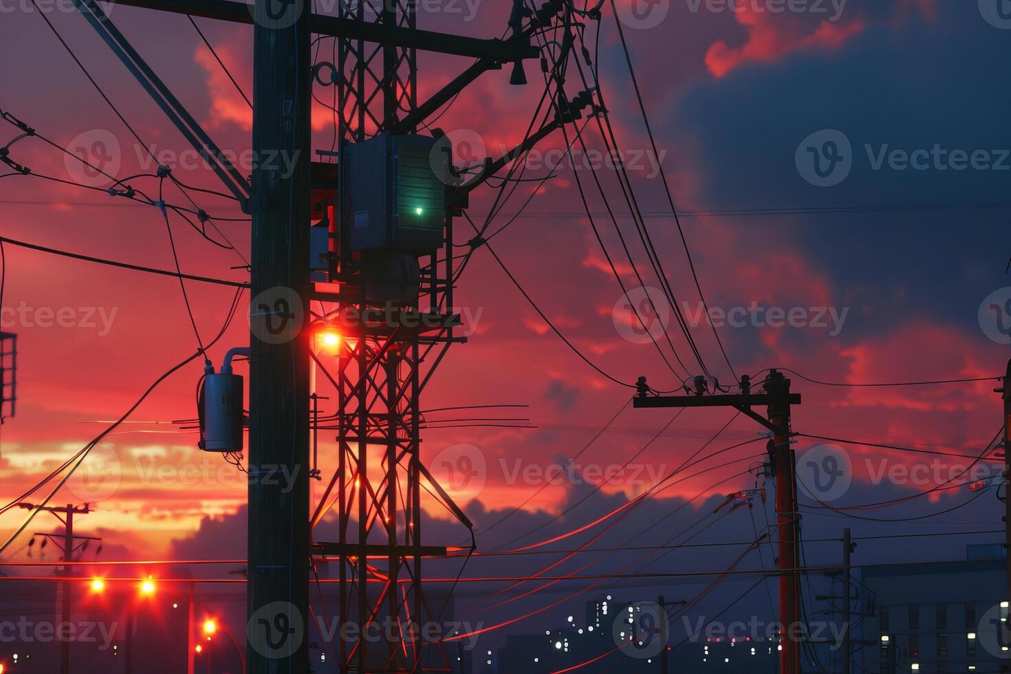 Power lines silhouetted against a dramatic red sunset photo