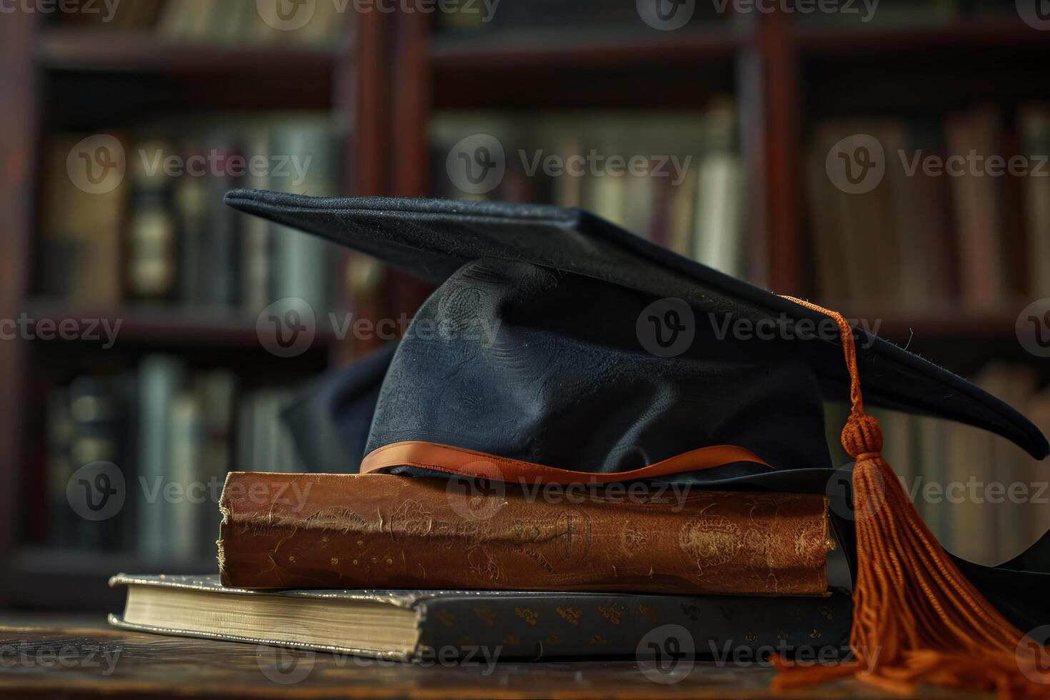 Graduation hat resting on stack of books in library photo