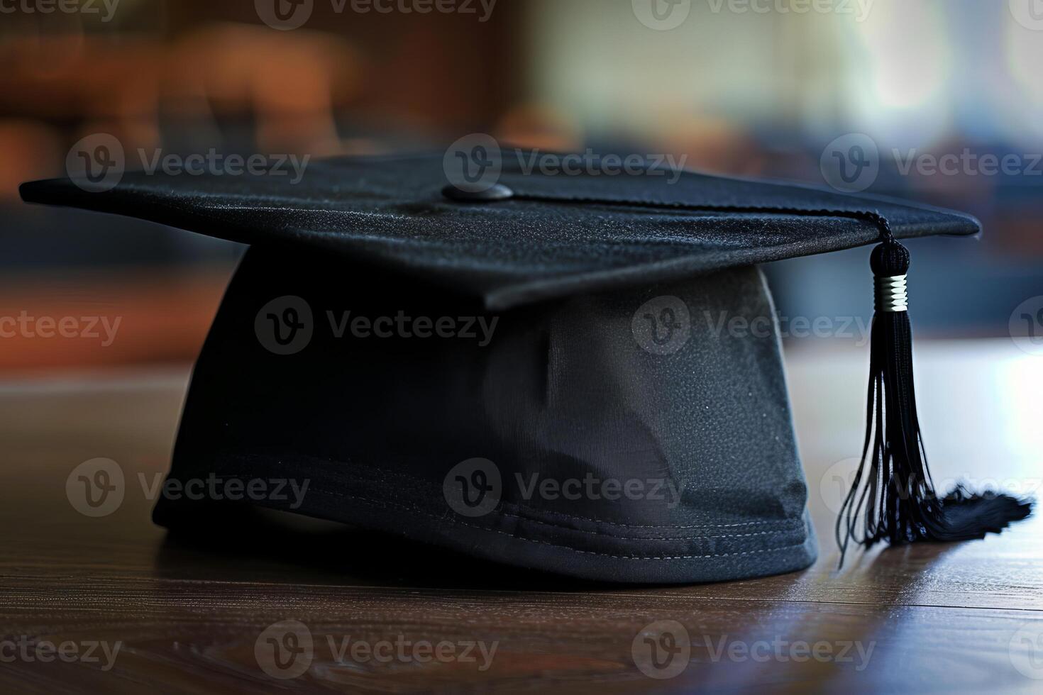 Graduation cap sitting on tabletop representing new beginnings photo