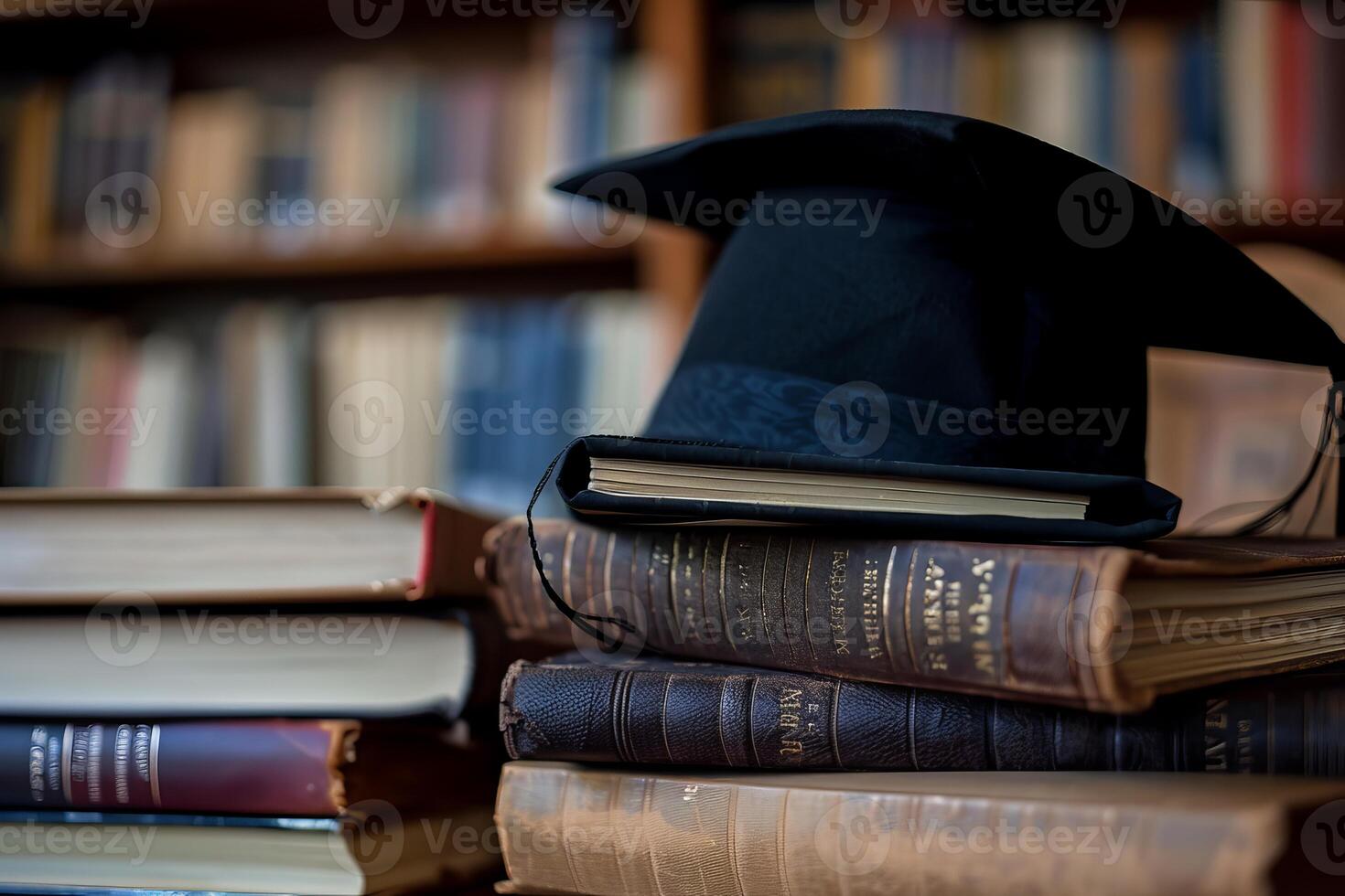 Graduation cap sitting on stack of books in library photo