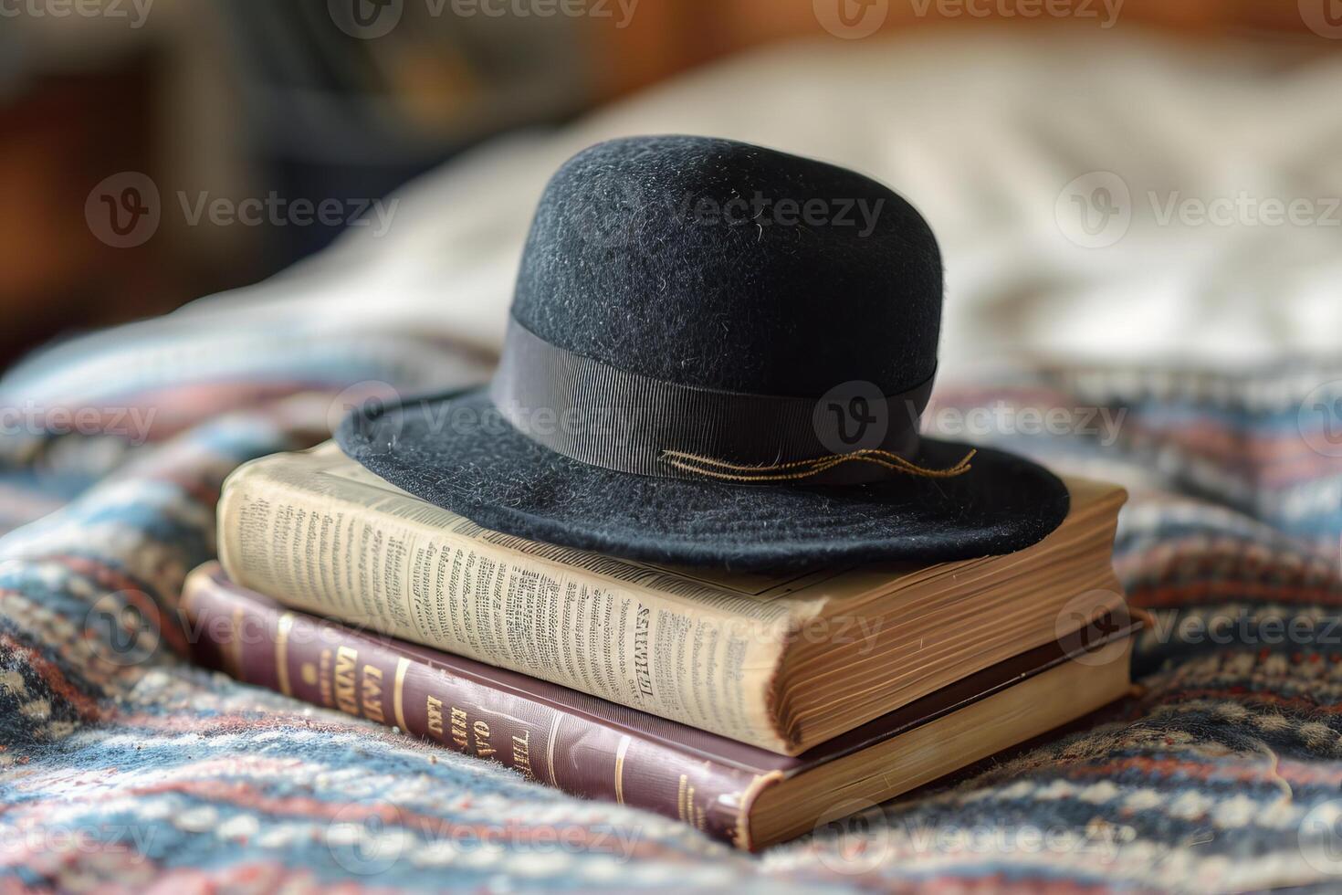 Black fedora resting on stack of antique books on cozy blanket photo
