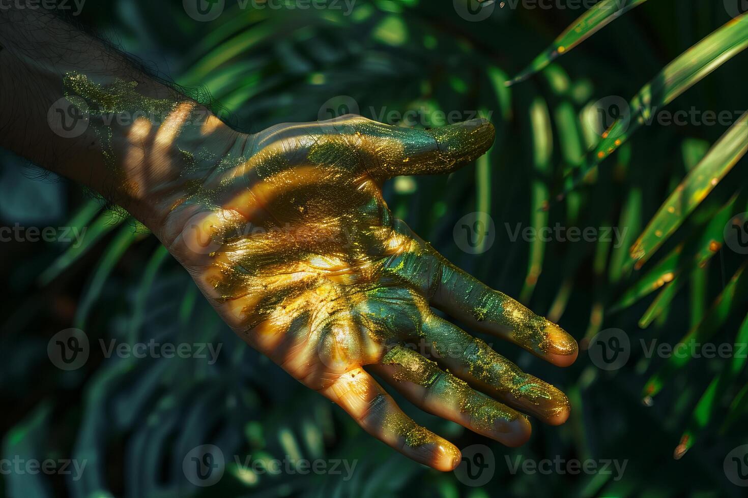 Hand covered in gold paint showing the power of nature photo
