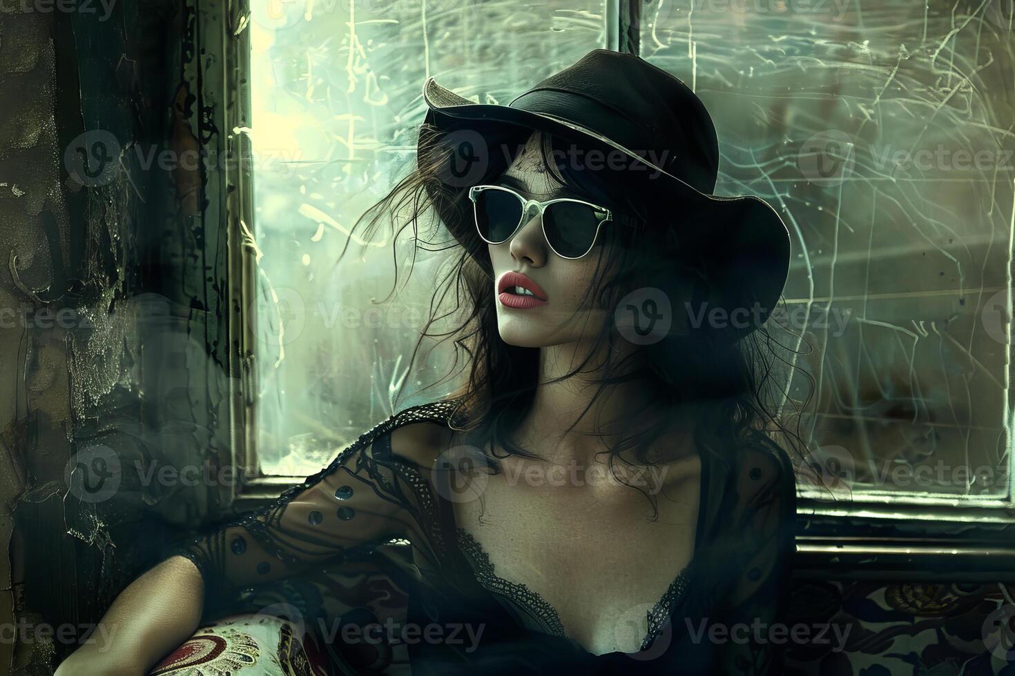 Fashion model posing wearing sunglasses and hat in abandoned building photo
