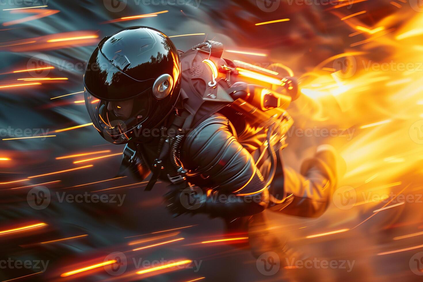 Pilot flying with jetpack leaving fire trails at high speed photo