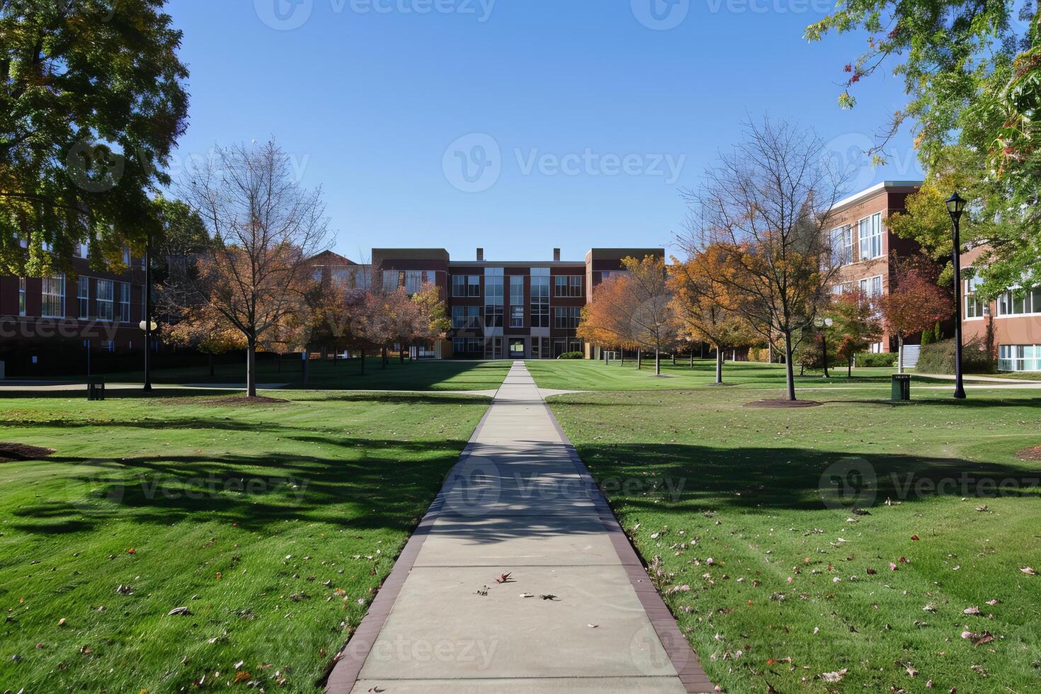 Sidewalk leading to modern university building on sunny autumn day photo