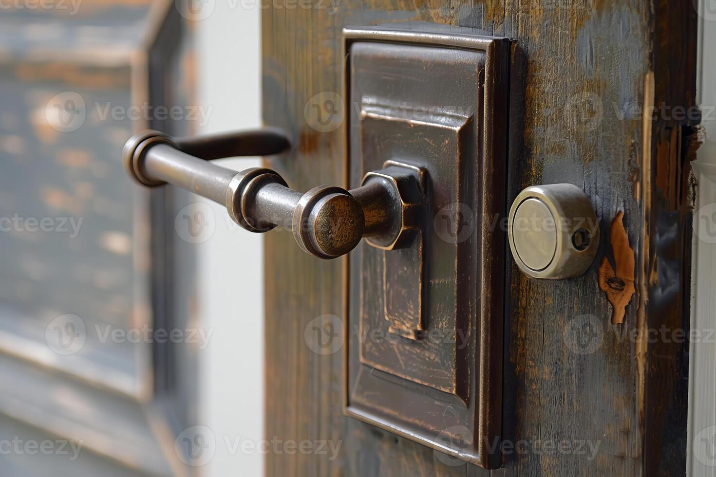 Old round door handle and lock on wooden door being opened photo