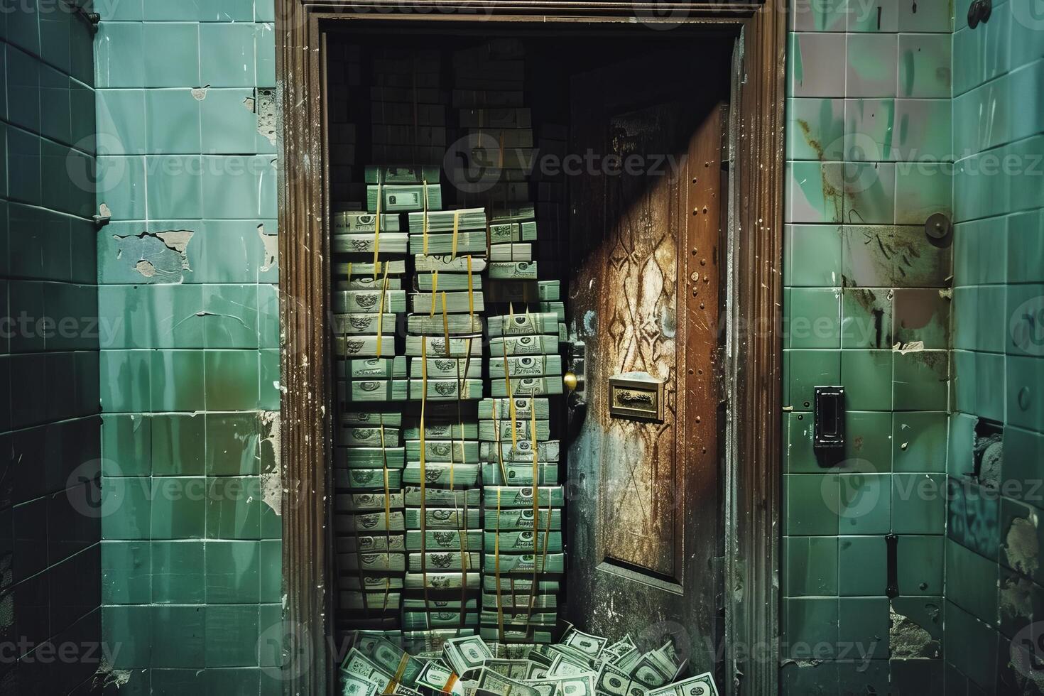 Stacks of dollar bills blocking an old building doorway photo