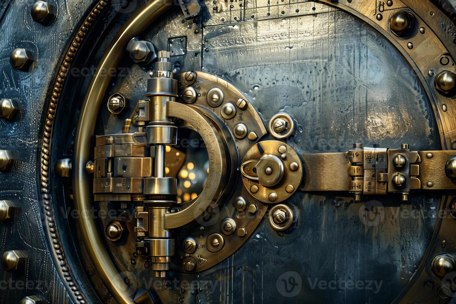 Intricate mechanism of a large bank vault door protecting valuables photo