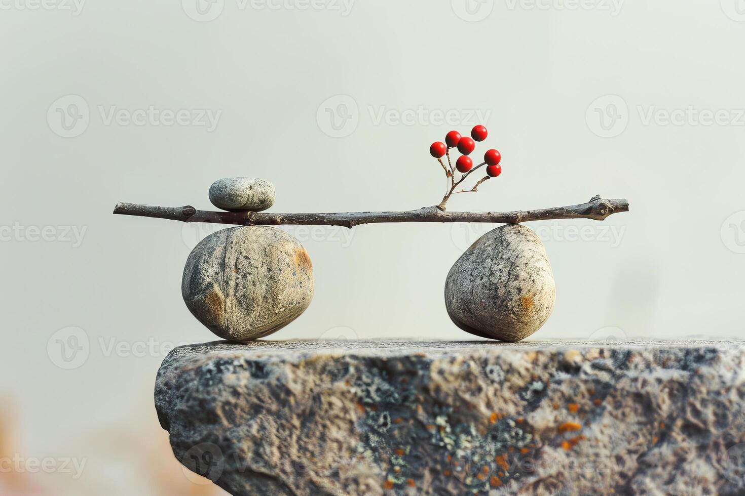 Balancing stones and red berries symbolizing harmony and balance photo