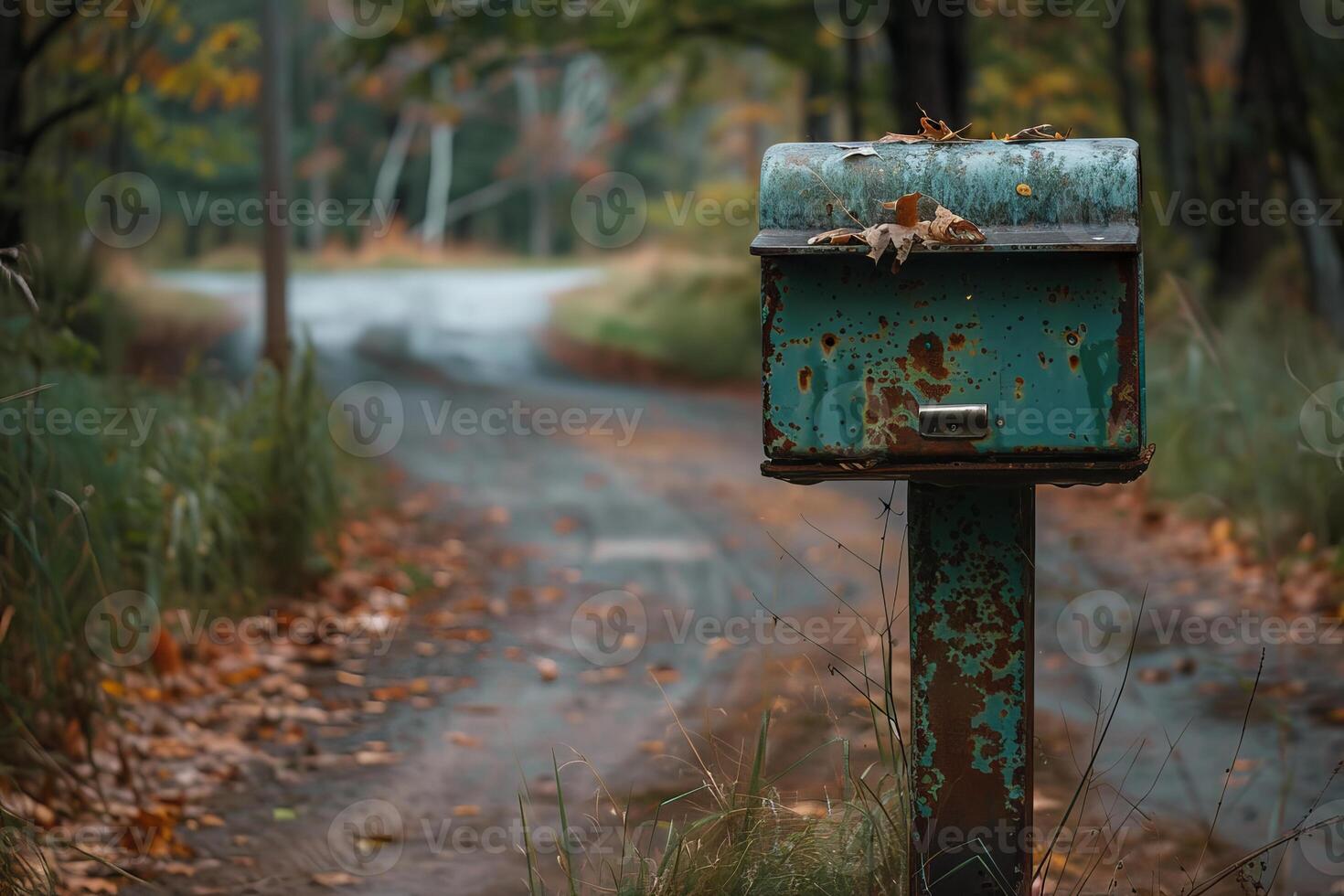Rusty mailbox standing on a deserted road in autumn photo