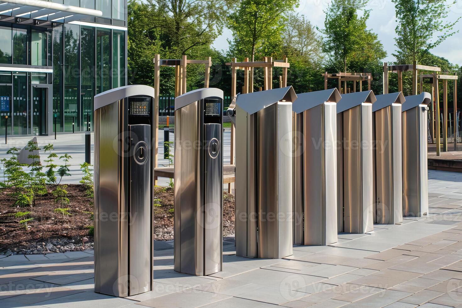 Retractable bollards protecting entrance of modern office building photo