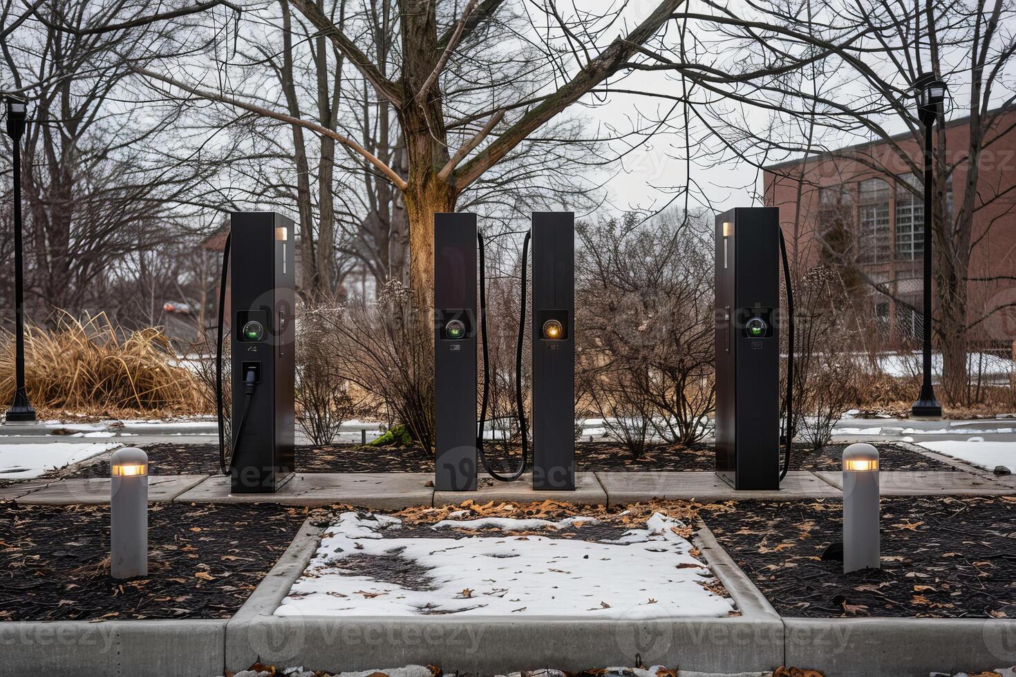 Row of electric vehicle charging stations awaiting usage on cloudy winter day photo