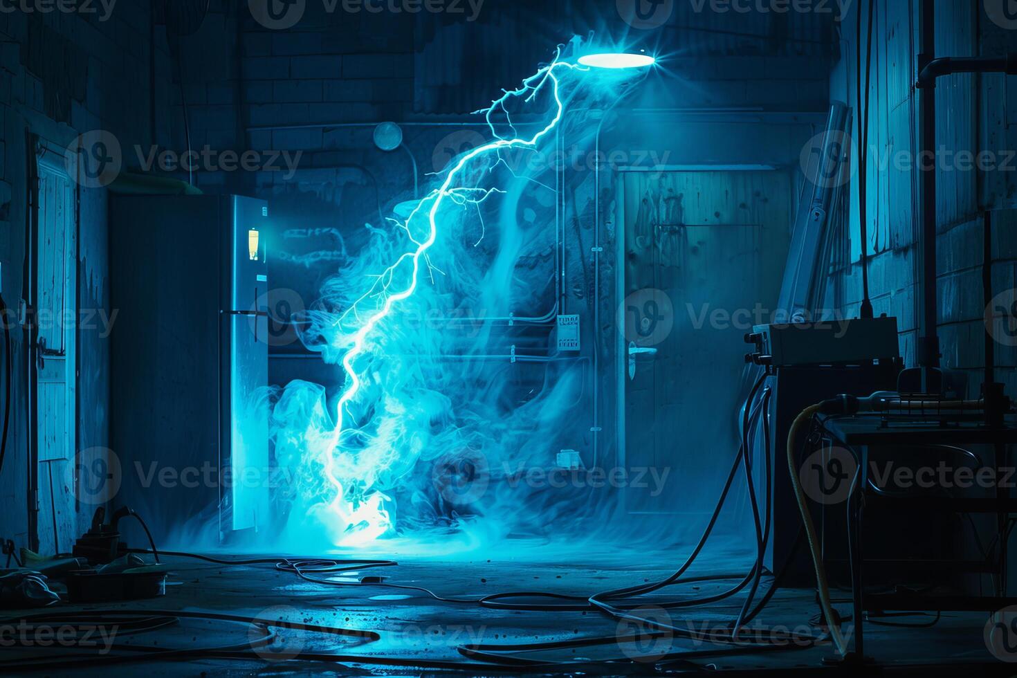 Electric current discharging from ceiling lamp creating hazardous environment photo