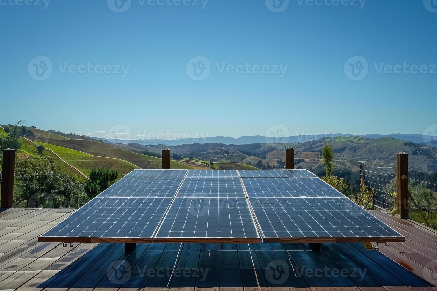 Solar panel generating clean energy on wooden platform in rural landscape photo
