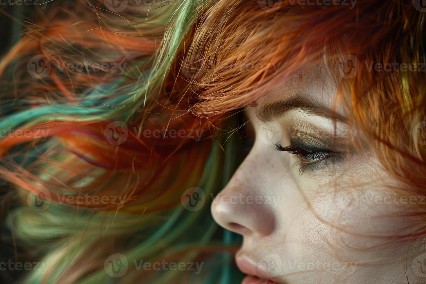 Model showing her long colorful hair blowing in the wind photo