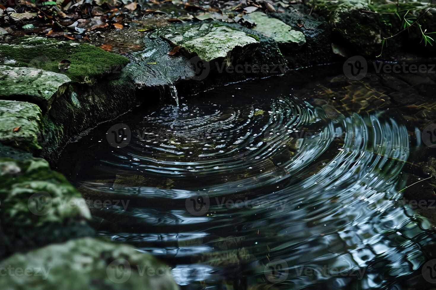 Water flows down moss covered rocks creating ripples in a pond photo