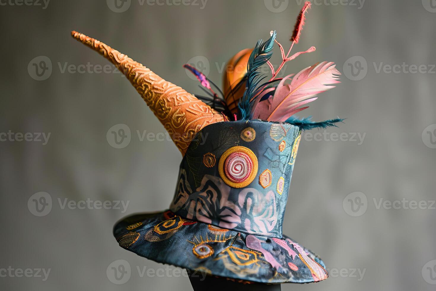 Embroidered hat with feathers and floral motifs standing on head form photo