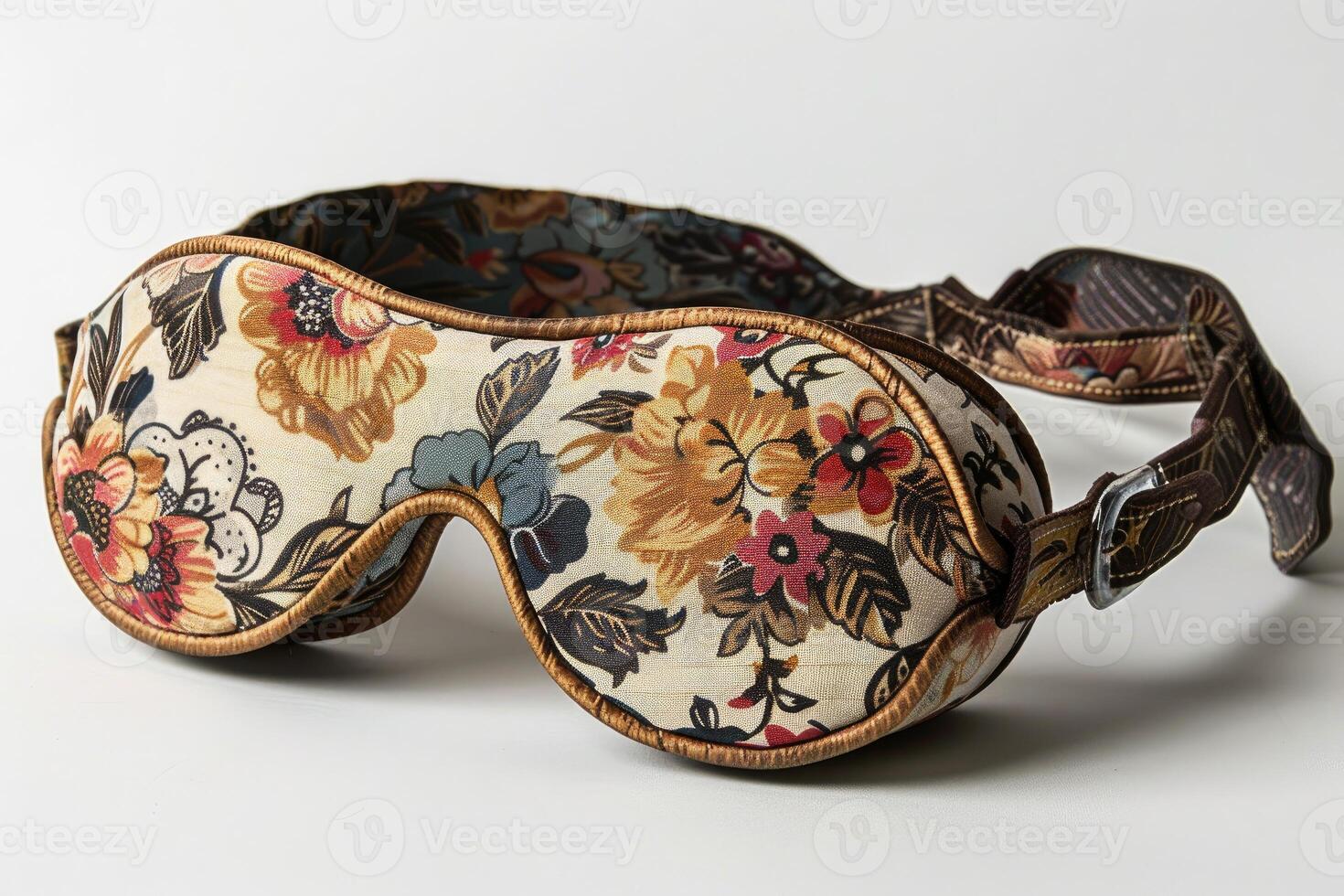 Floral sleeping mask with adjustable strap lying on white background photo