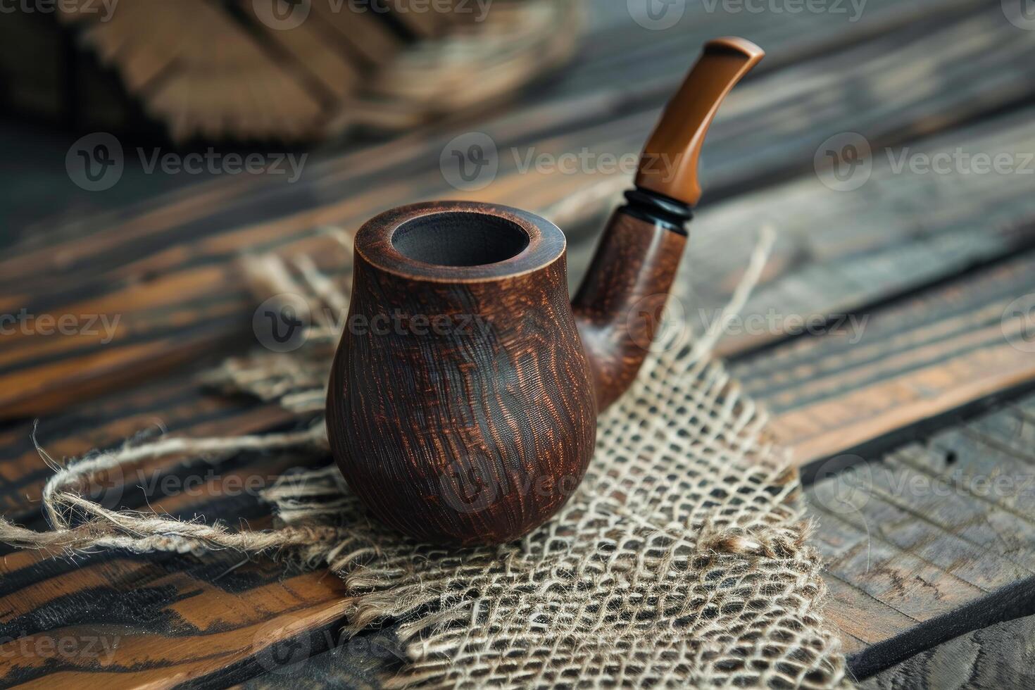 Elegant smoking pipe resting on rustic wooden table photo