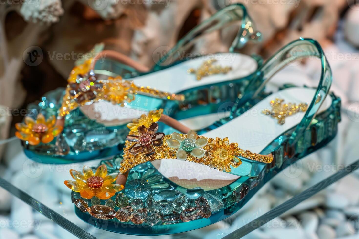 Pair of beautiful designer summer sandals with flowers and crystals on glass shelf photo