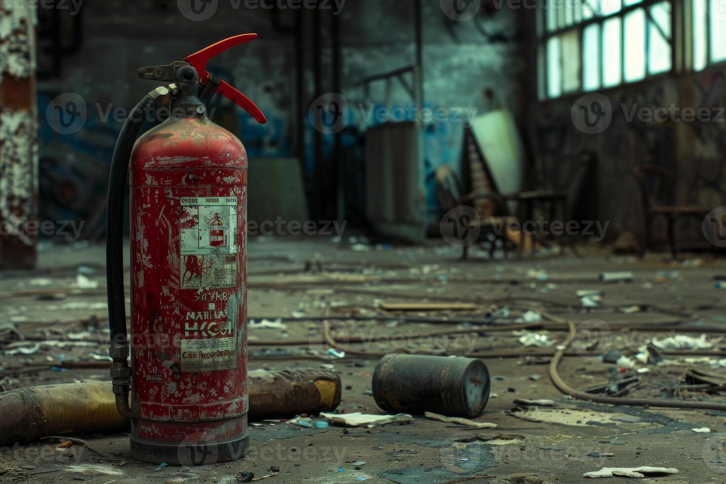 antiguo dañado fuego extintor en pie en sucio piso en abandonado fábrica foto