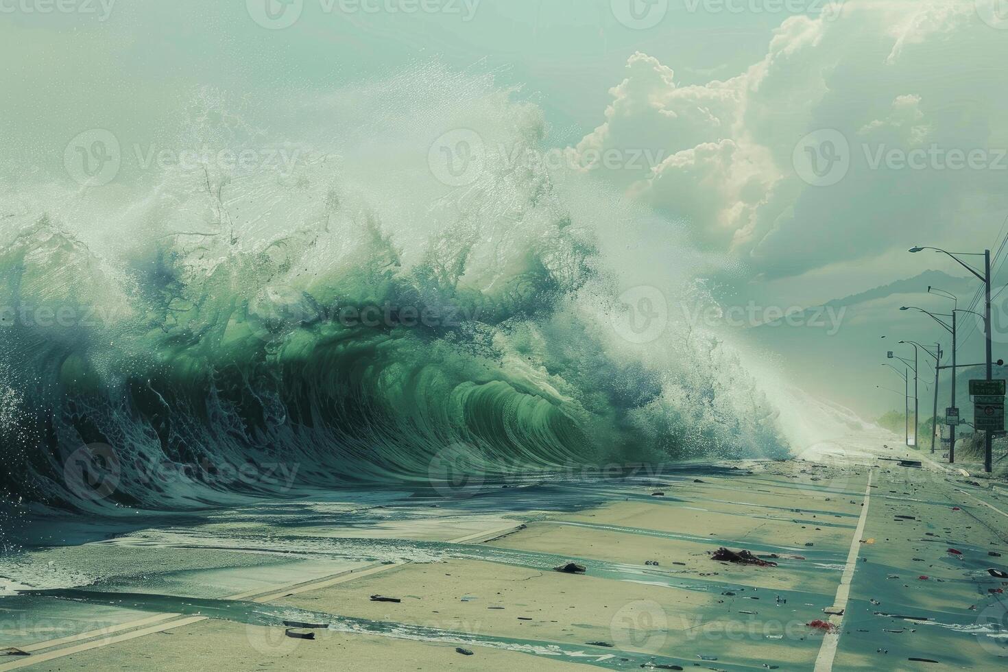 Giant wave crashing on coastal road during hurricane photo
