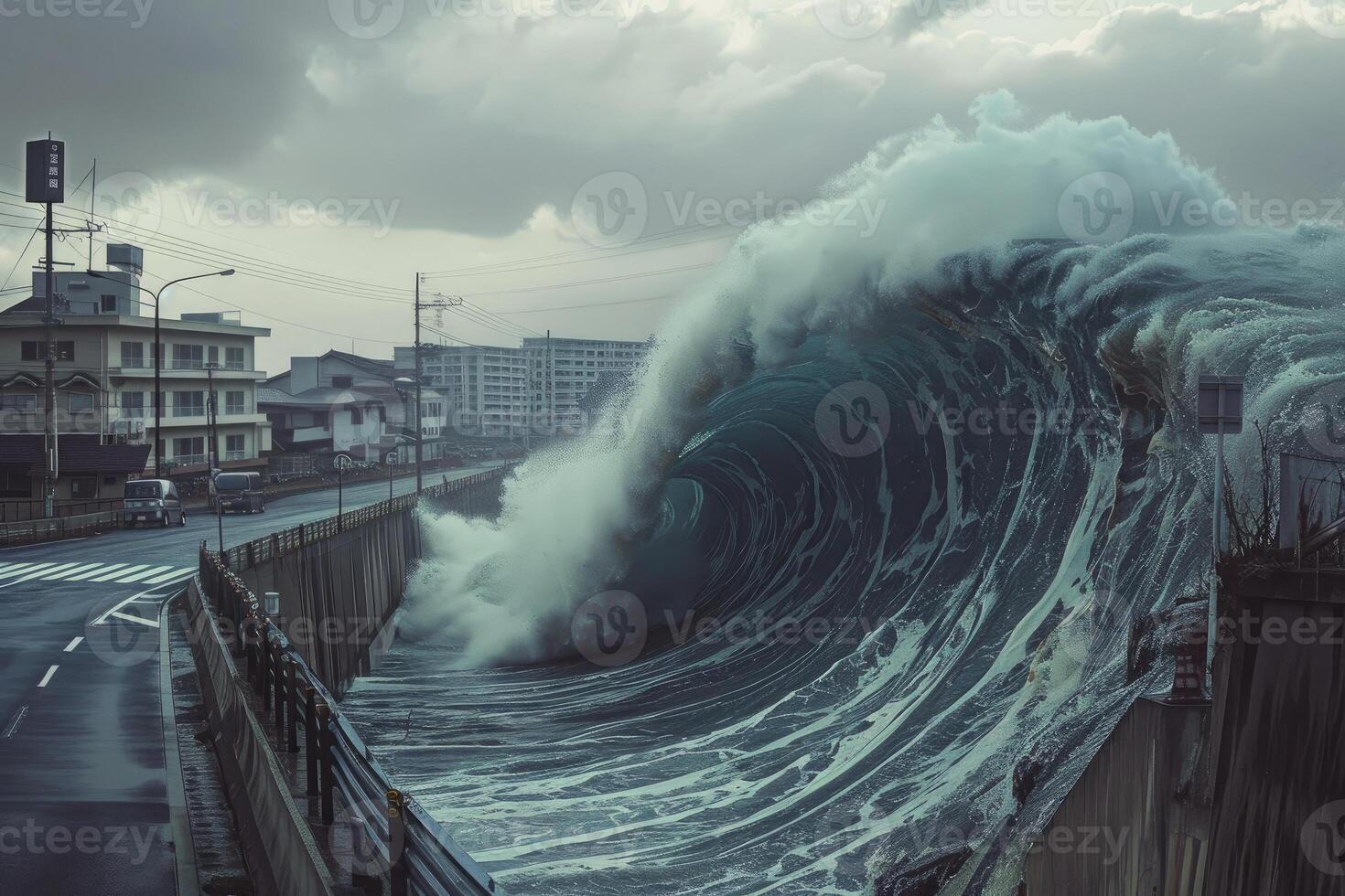 Giant tsunami wave approaching japanese coastal city photo