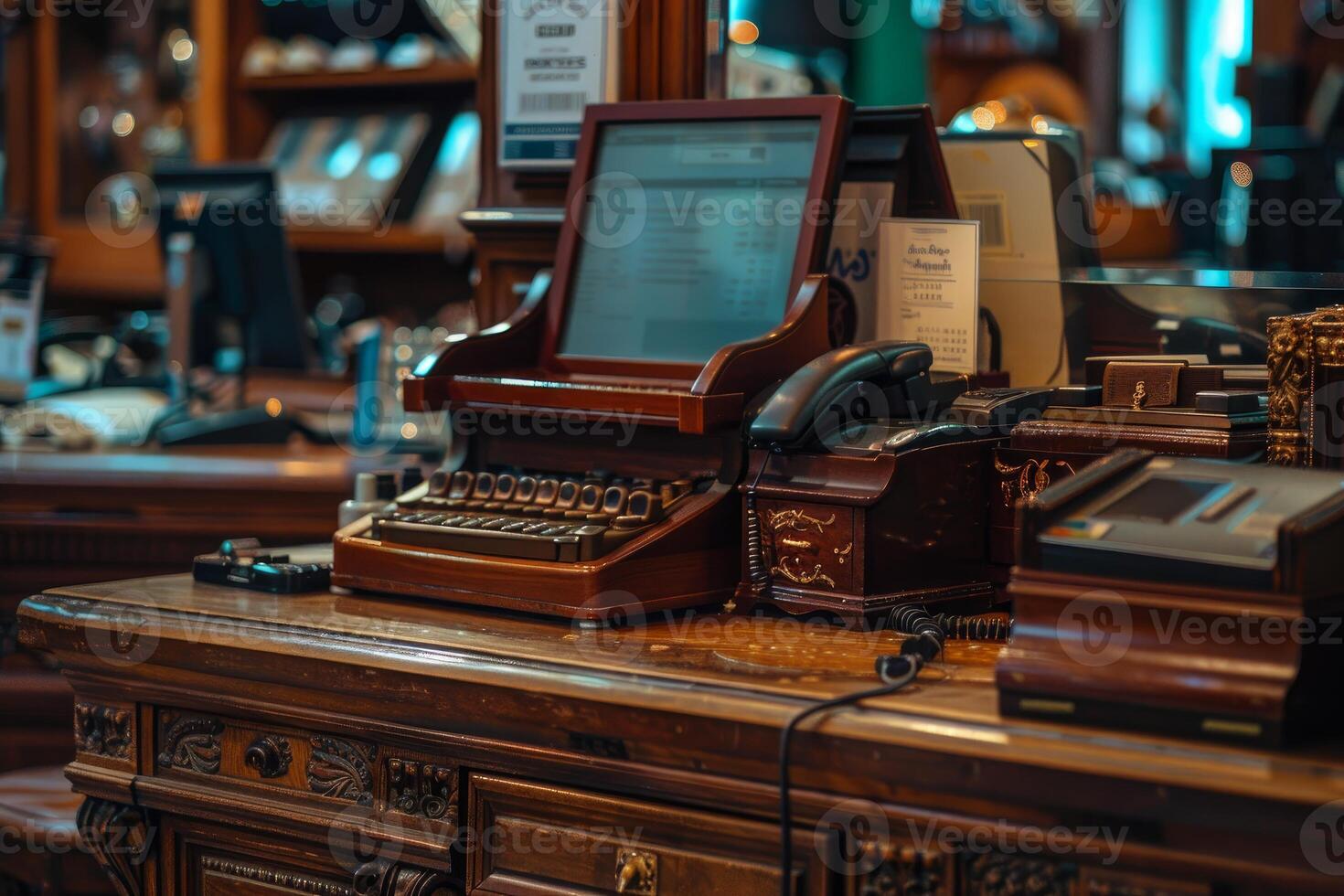 Old fashioned wooden cash register with typewriter and computer showing progress photo