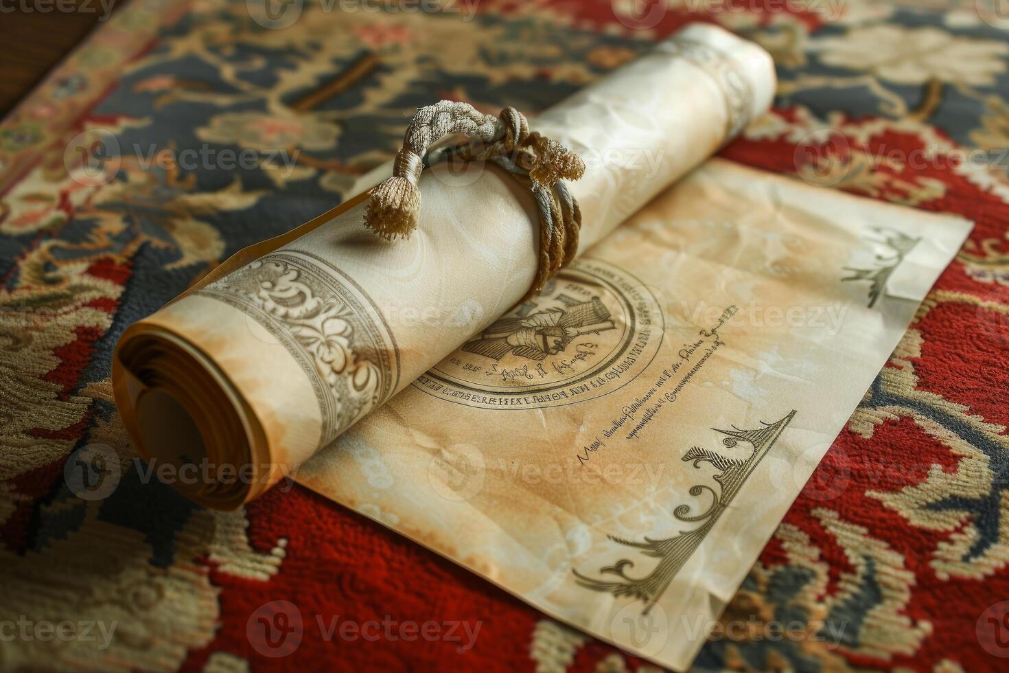 Old scroll tied with string lying on antique rug with certificate photo