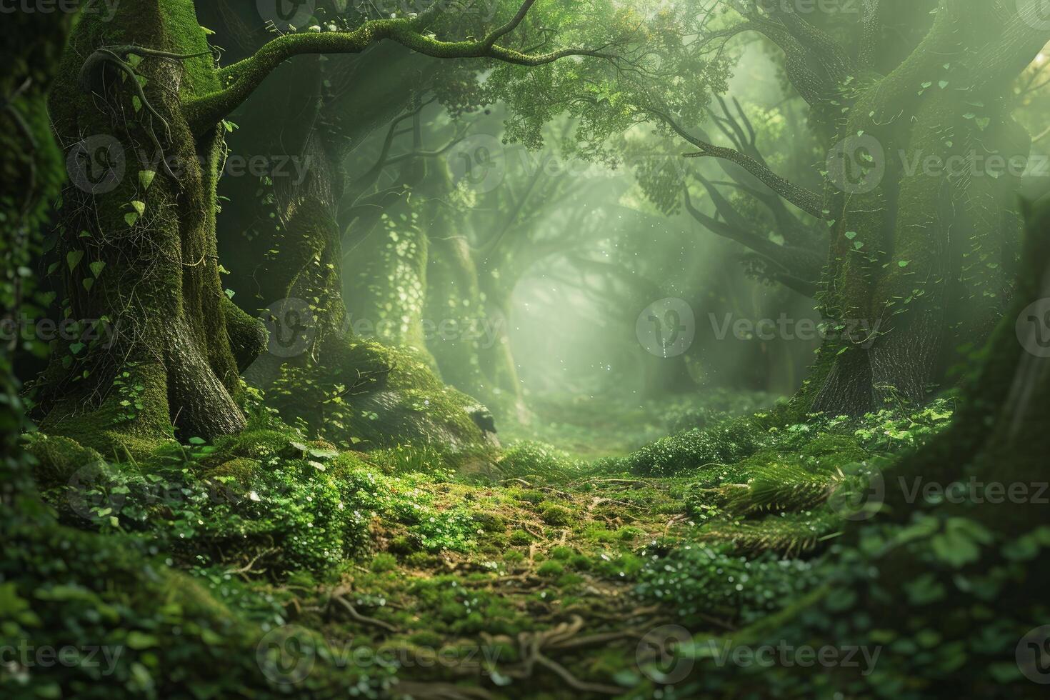 Sunbeams are illuminating a path in a magical forest photo