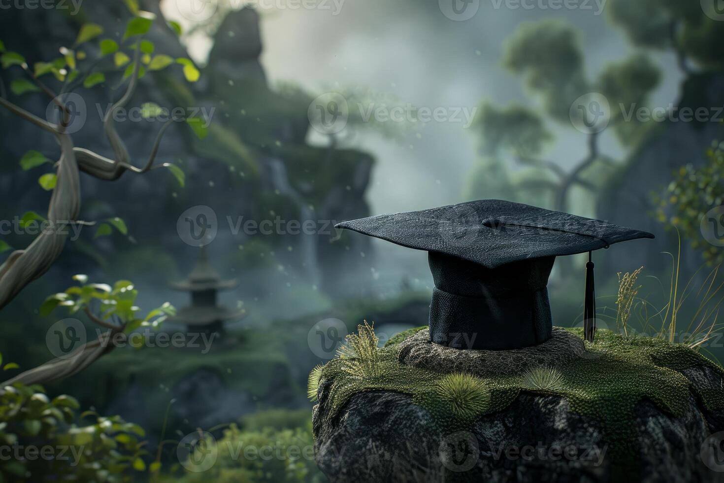 Graduation cap resting on rock in mystical japanese garden setting symbolizing educational achievement photo