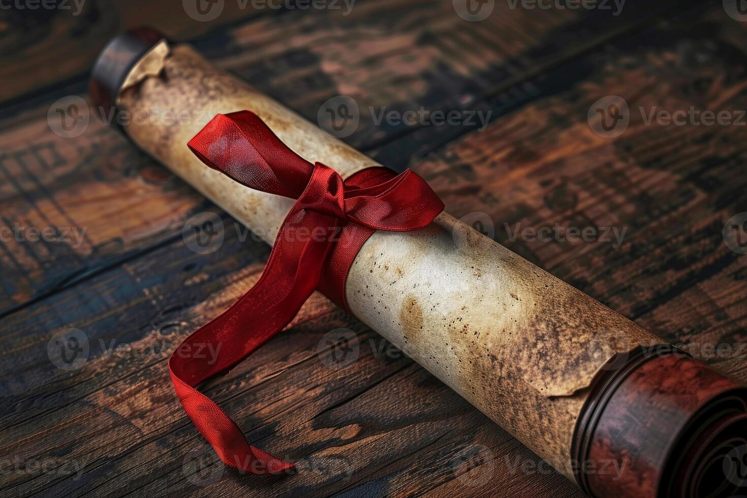 Ancient scroll tied with red ribbon lying on wooden table photo