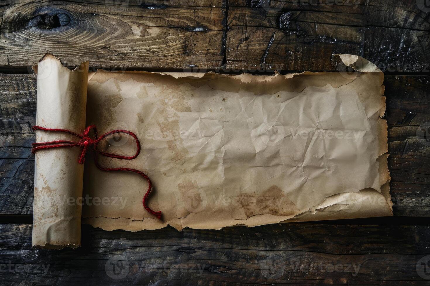 Old paper scroll tied with string lying on wooden table photo