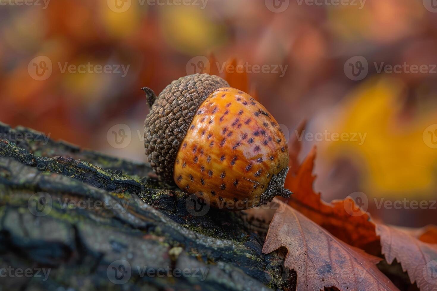 Ripe acorn resting on mossy bark in autumnal forest photo