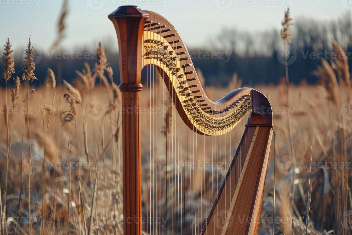 Elegant harp standing in open field at sunset photo