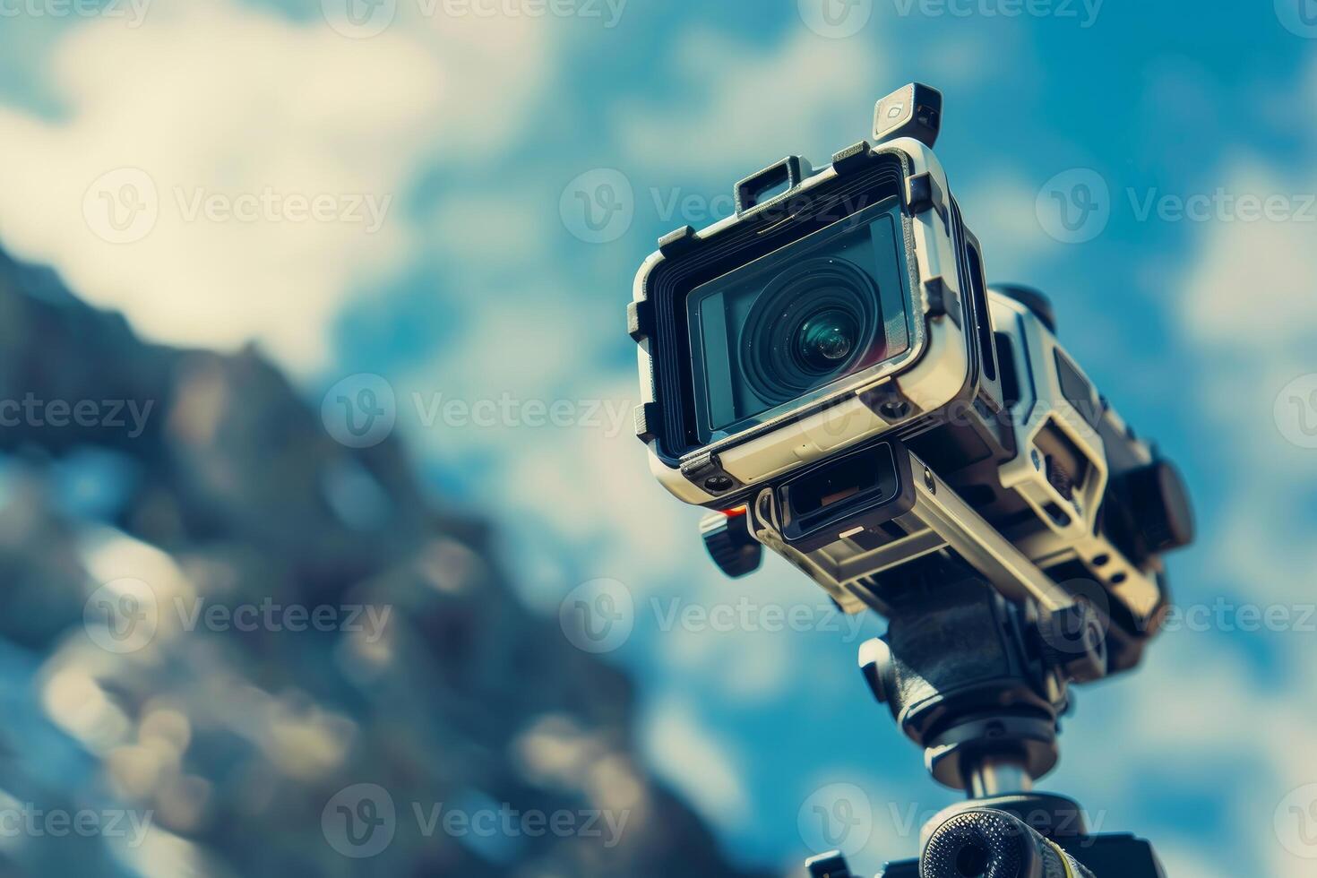 Professional camera recording a mountain landscape with blue sky photo