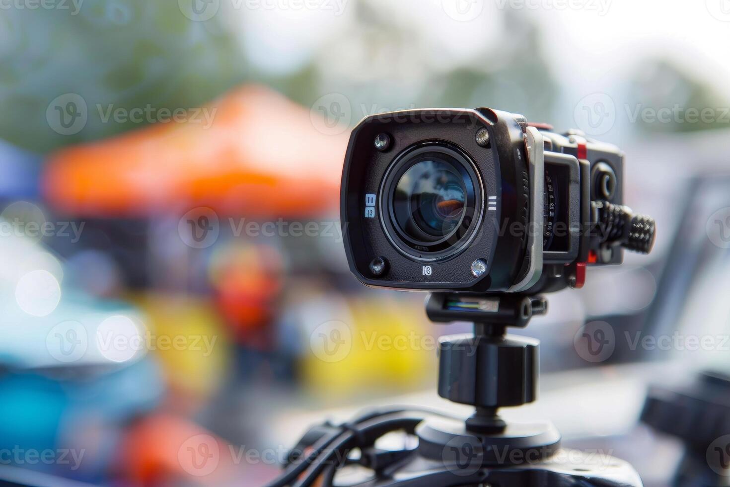 Action camera recording at a crowded event with blurred people in background photo