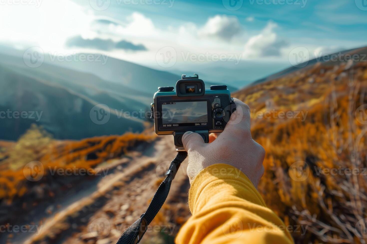 Photographer taking pictures of mountain landscape on sunny day photo