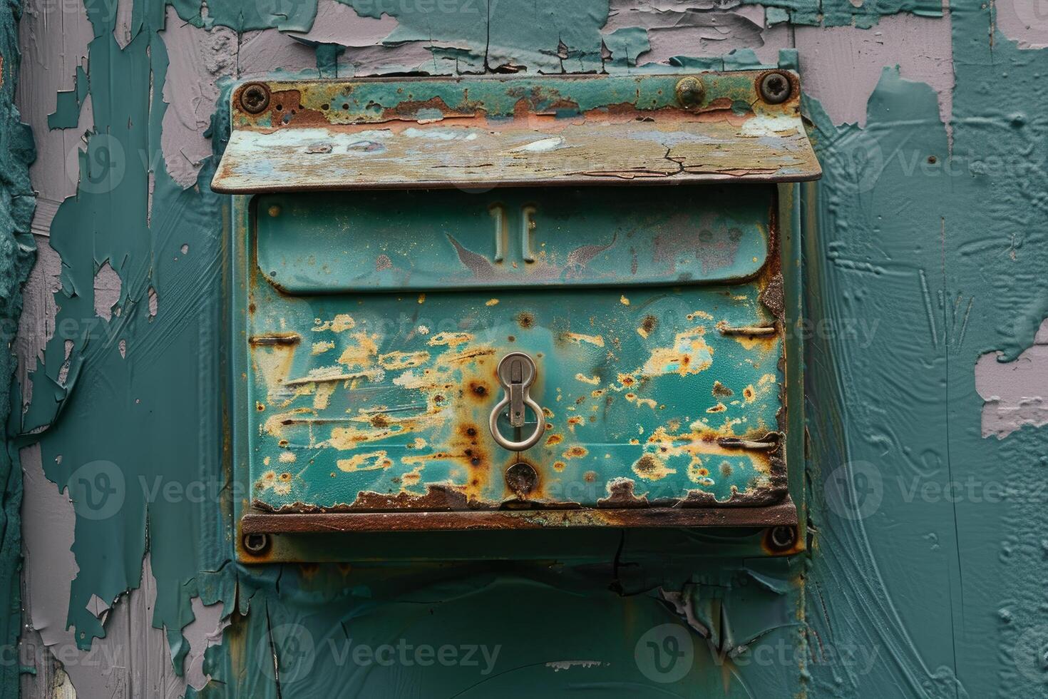 Old rusty mailbox hanging on peeling paint wall photo