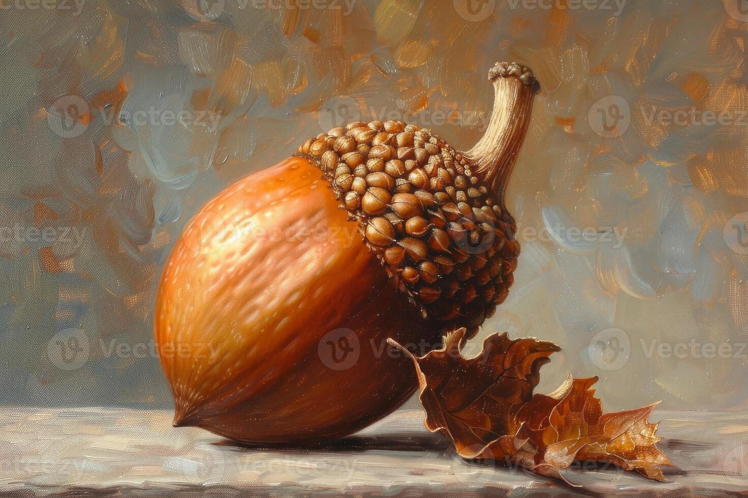 Ripe acorn resting on a wooden surface with a dry oak leaf photo