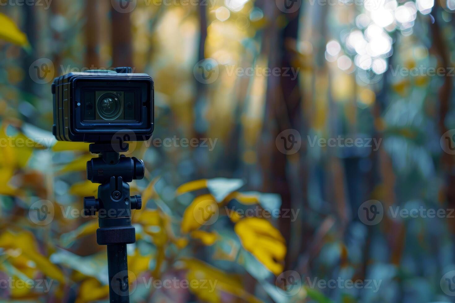 Action camera mounted on tripod filming in autumn forest photo
