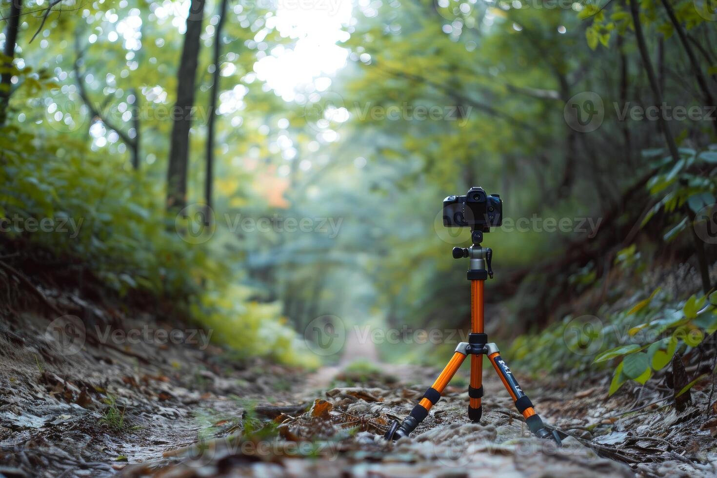 Camera on tripod capturing scenic forest path photo