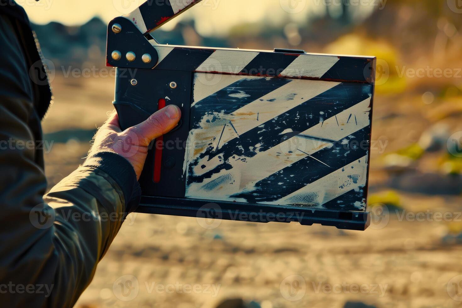Film director holding movie slate, filmmaking equipment, film industry concept photo