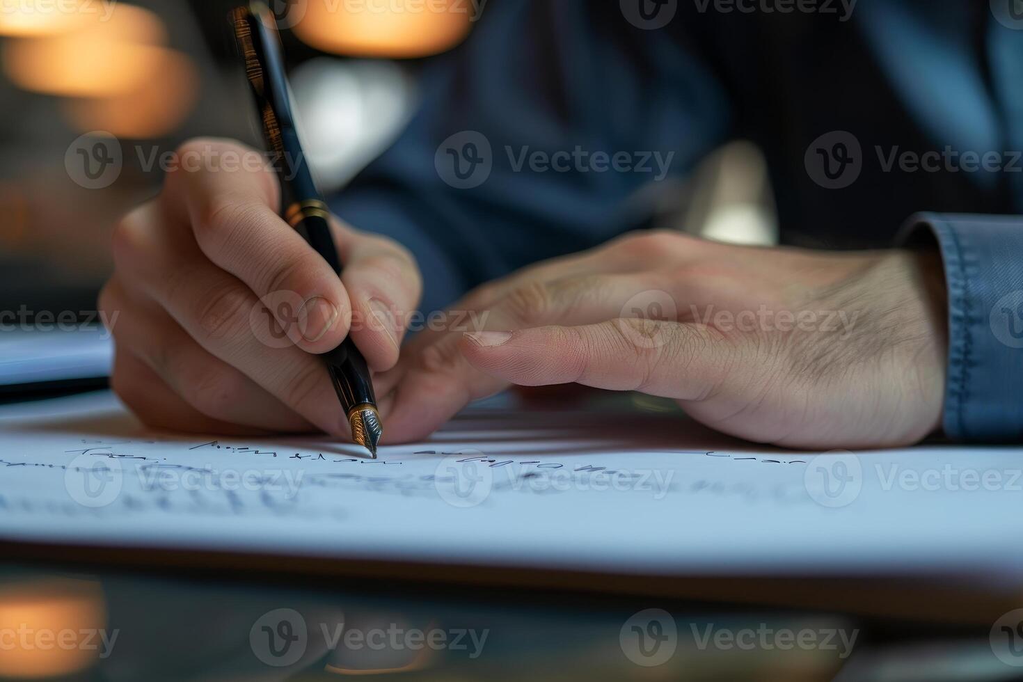 Businessman writing notes on paper with elegant fountain pen photo
