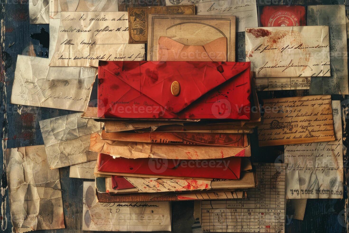 Stack of old, worn letters with red envelopes on a wooden table photo