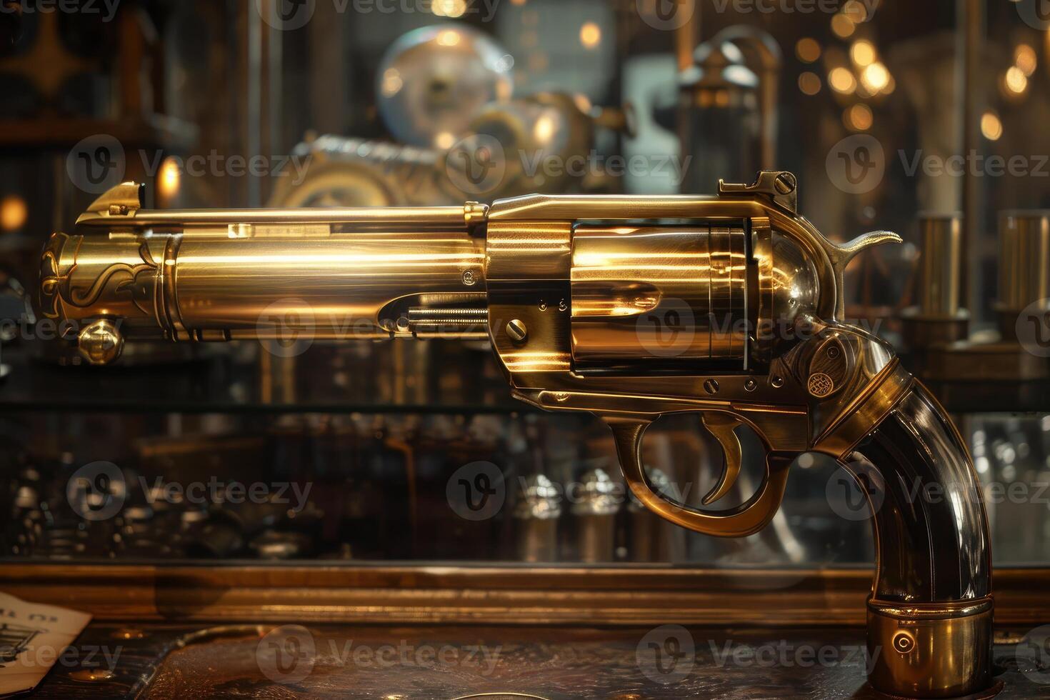 Golden revolver resting on a table in a workshop photo