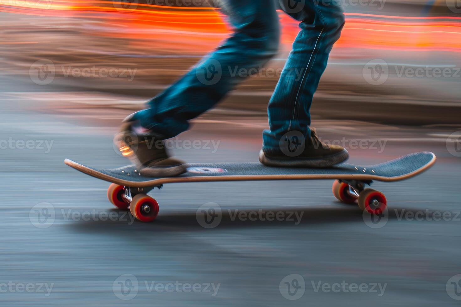 Skateboarder riding skateboard on road at dusk with motion blur photo